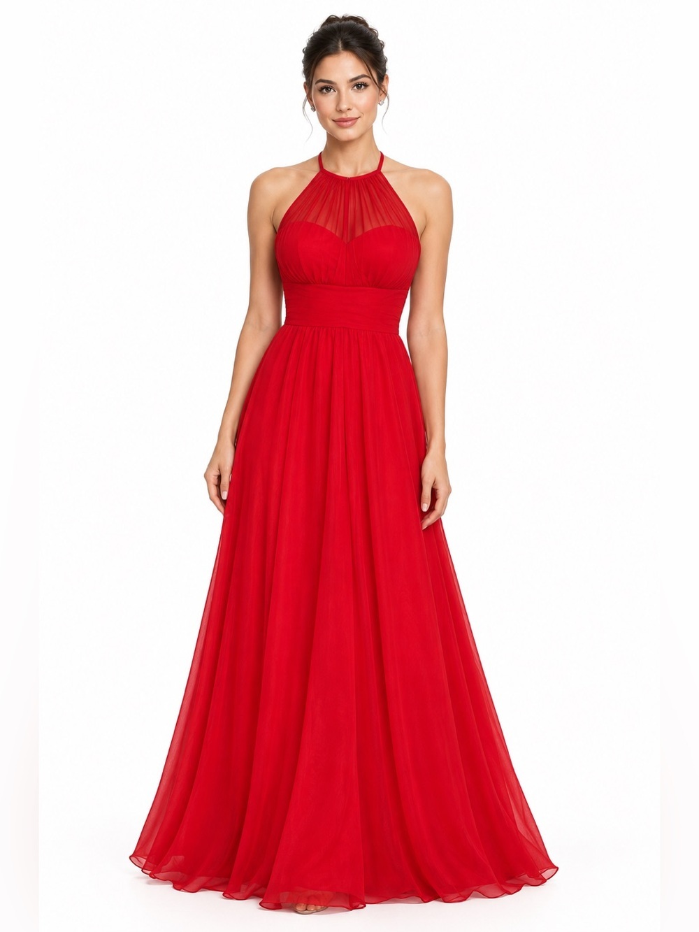 Cinderella Divine Dress Size L Red Chiffon Evening Gown with Halter Top